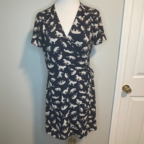 J. Crew Cheetah Print Wrap Dress Navy 6 - Picture 1 of 7